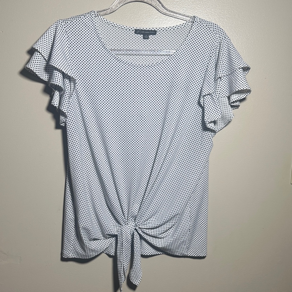 Adrianna Papell Medium‎ Black White Polka Dot Ruffle Sleeve Career Top